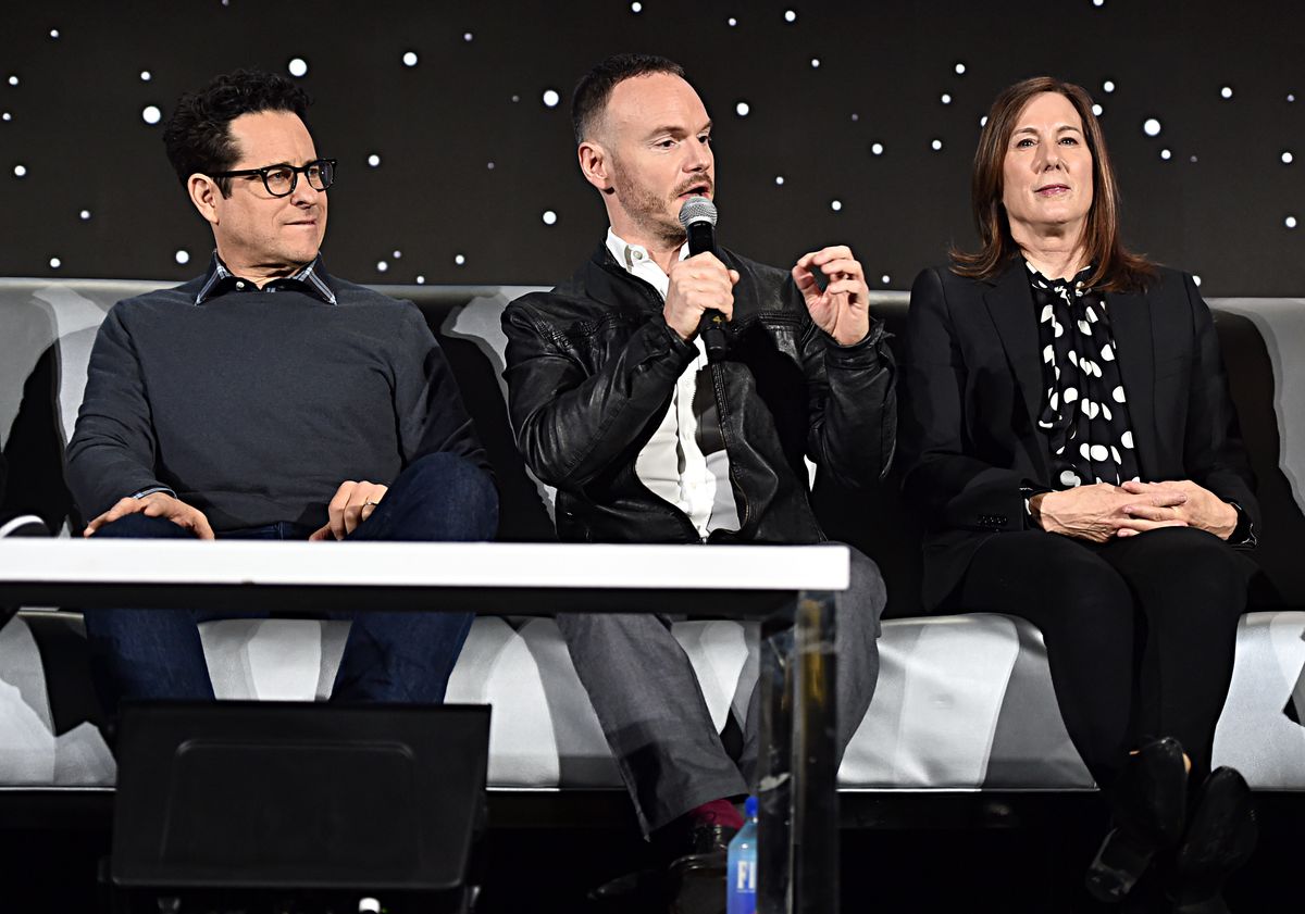 J.J. Abrams, Chris Terrio, and Kathleen Kennedy speaking at Star Wars: The Rise of Skywalker press conference