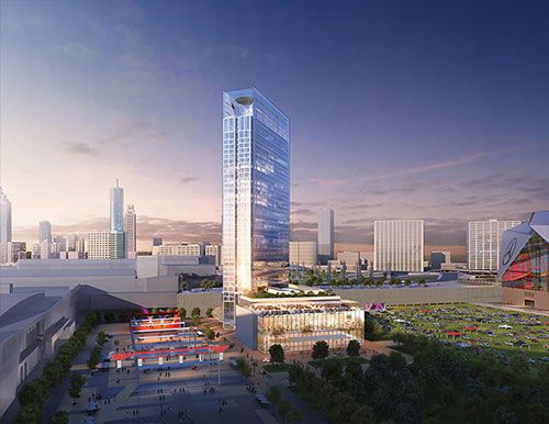 A rendering of the GWCCA hotel in Atlanta. The building is tall and has park space on one side.