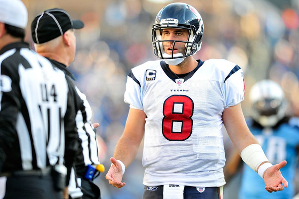 Matt Schaub expresses his surprise that the Titans are allowed to hit quarterbacks without being penalized.