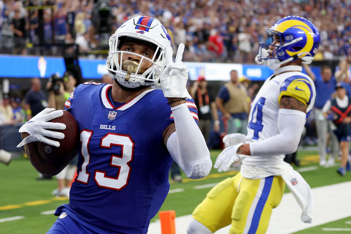 Gabe Davis #13 of the Buffalo Bills reacts to his touchdown in front of Jordan Fuller #4 of the Los Angeles Rams, to take a 7-0 lead, during the 2022 NFL season opening game at SoFi Stadium on September 08, 2022 in Inglewood, California.