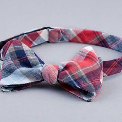 <a href="http://www.indochino.com/product/the-ultimate-red-plaid-linen-bow-tie">Indochino Plaid Linen Bow Tie</a>, $39
