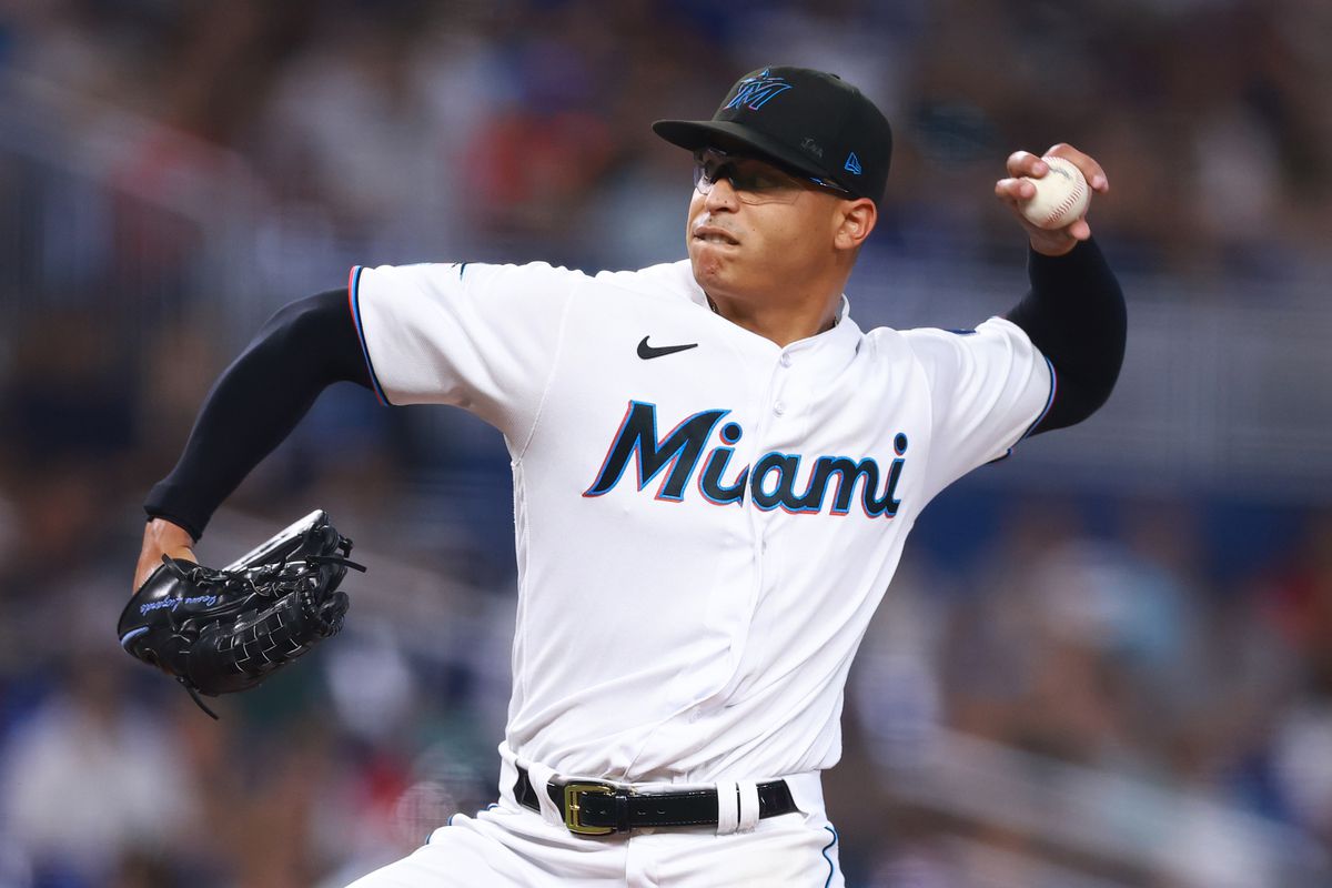 Jesus Luzardo of the Miami Marlins delivers a pitch against the Detroit Tigers during the first inning at loanDepot park on July 30, 2023 in Miami, Florida.
