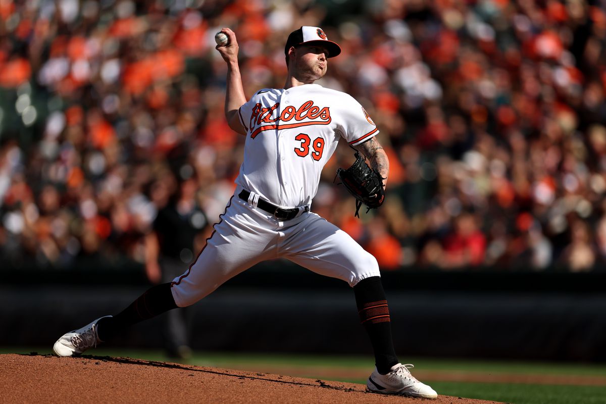 Kyle Bradish, wearing the Orioles home white uniform, in the middle of throwing a pitch at Camden Yards