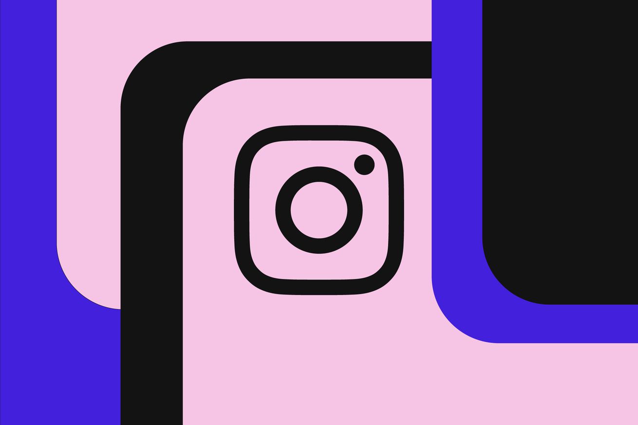 The Instagram camera icon on a pink, blue, and black background