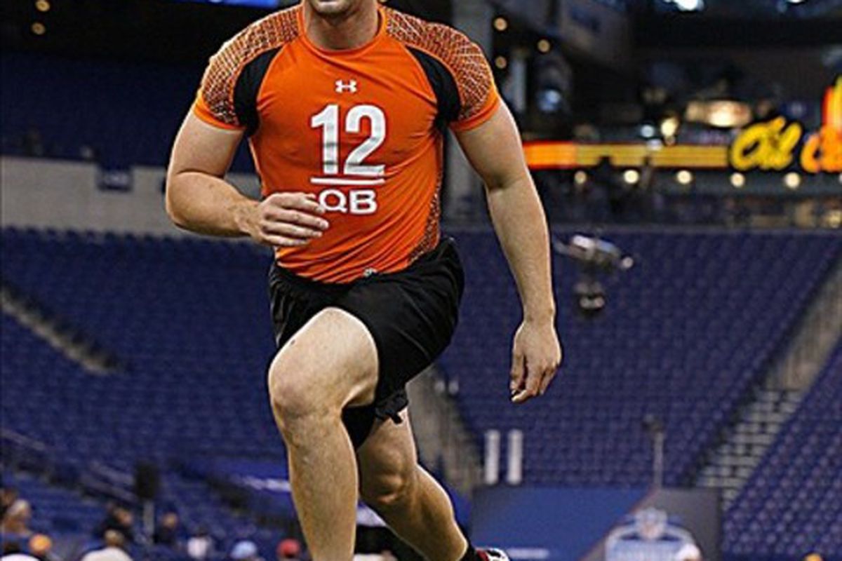 Feb 26, 2012; Indianapolis, IN, USA; Stanfrord Cardinal quarterback Andrew Luck does the shuttle run during the NFL Combine at Lucas Oil Stadium. Mandatory Credit: Brian Spurlock-US PRESSWIRE