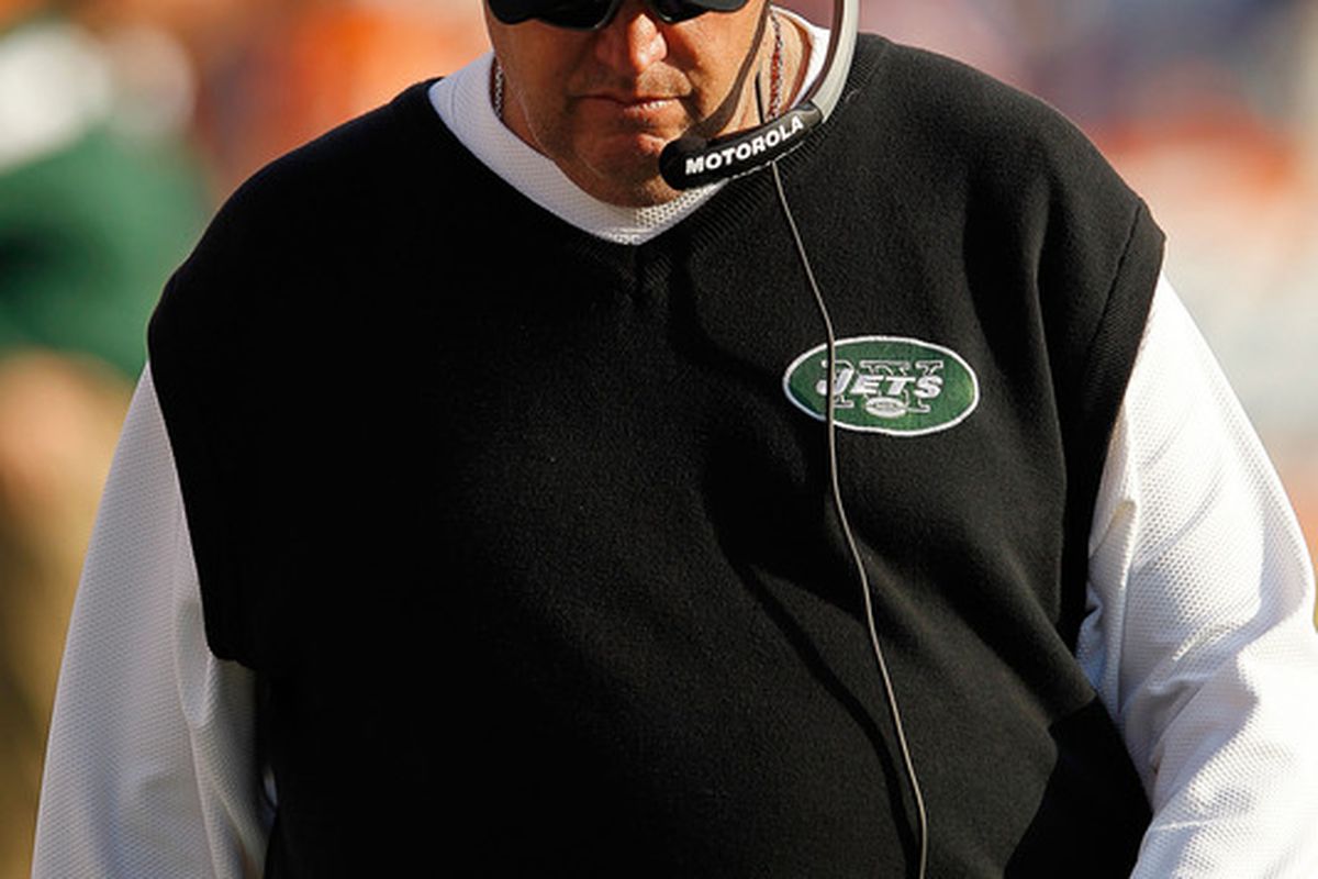 MIAMI GARDENS, FL - JANUARY 01:  New York Jets head coach Rex Ryan looks on during a game against the Miami Dolphins at Sun Life Stadium on January 1, 2012 in Miami Gardens, Florida.  (Photo by Mike Ehrmann/Getty Images)