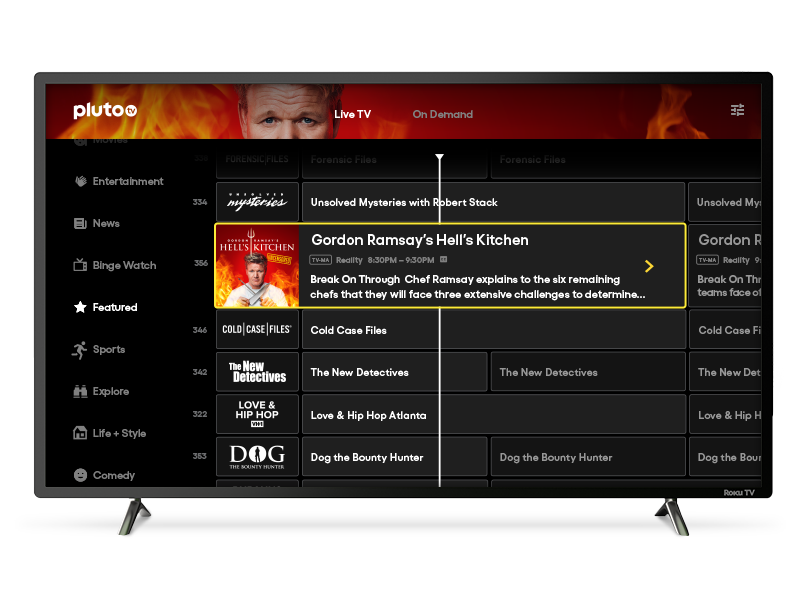 A screenshot of the Pluto TV channel guide