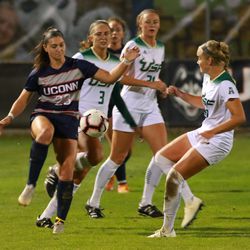 The USF Bulls take on the UConn Huskies in a women’s college soccer game at Morrone Stadium in Storrs, CT on September 27, 2018.