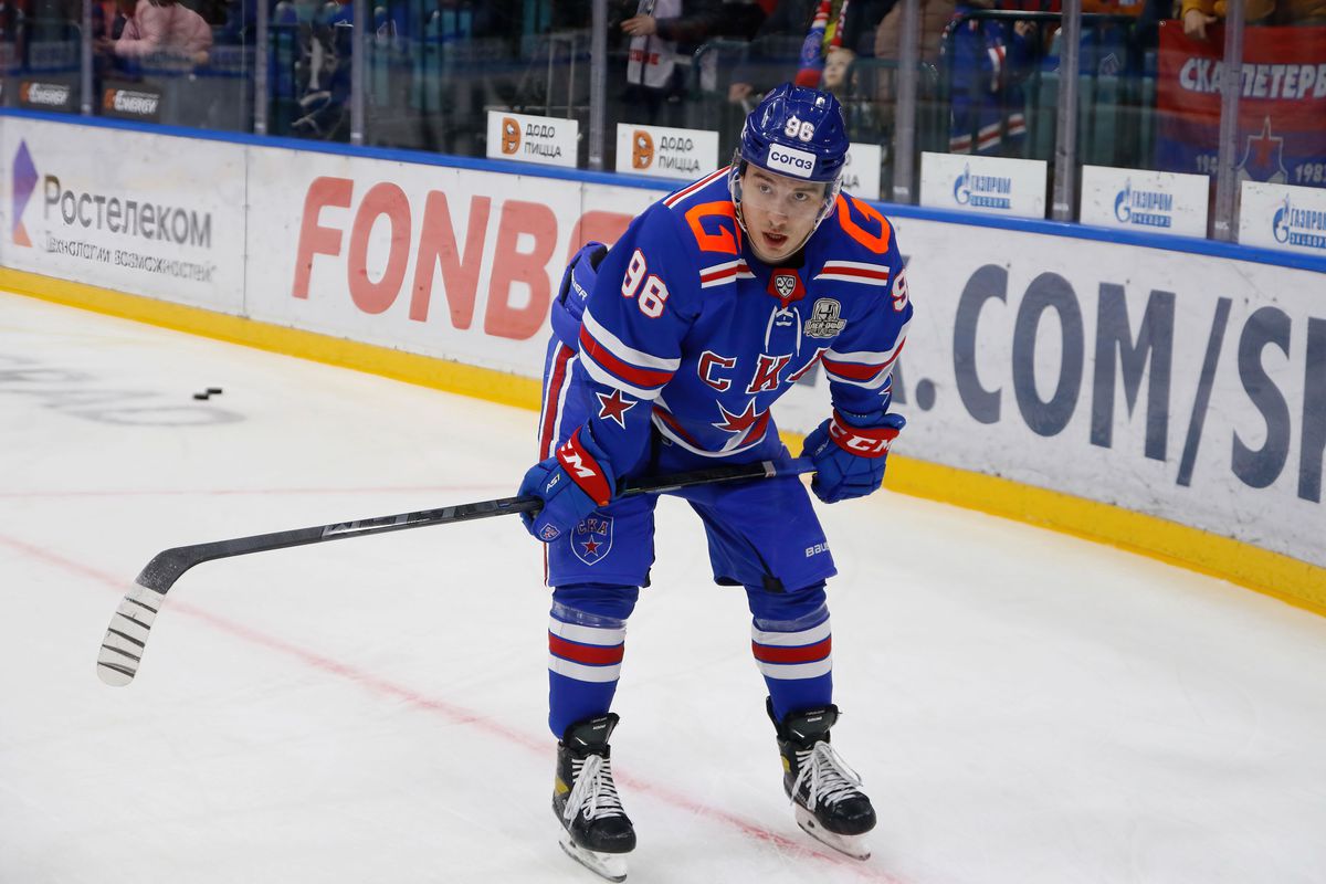 SKA Hockey Club player, Andrei Kuzmenko (No.96) seen during...