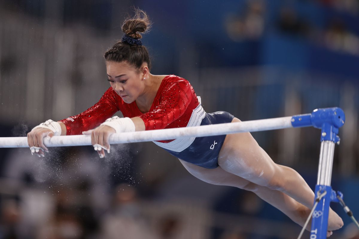 Sunisa Lee of Team United States competes in the uneven bars during the Women’s Team Final on day four of the Tokyo 2020 Olympic Games at Ariake Gymnastics Centre on July 27, 2021 in Tokyo, Japan.