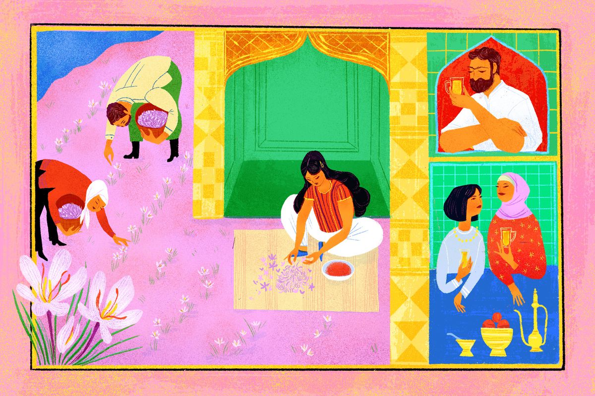 A tableau showing people harvesting saffron and drinking it in beverages. Illustration.