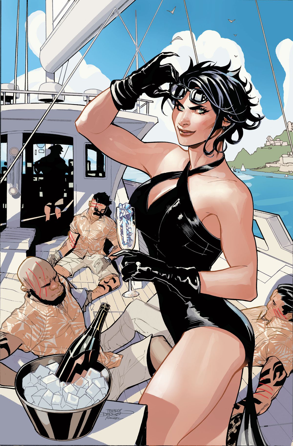 Catwoman holds a glass of champagne and lifts her sunglasses. She’s wearing a black bathing suit and standing on the deck of a yacht that’s littered with the unconscious bodies of dudes. 