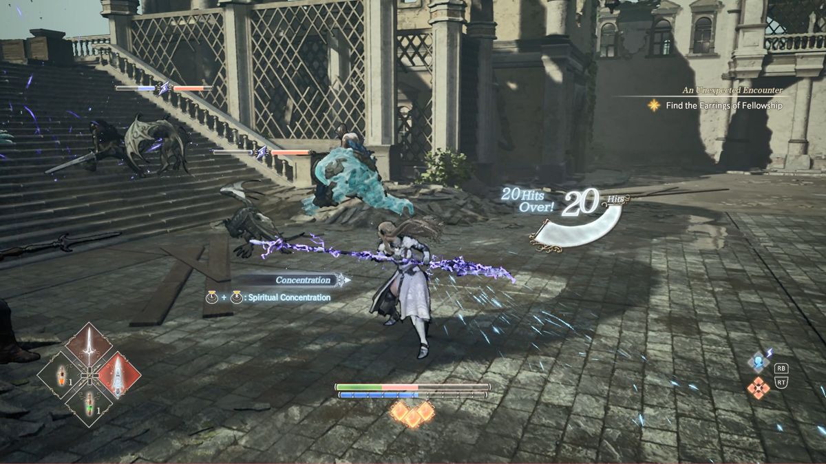 The protagonist of Valkyrie Elysium, the titular Valkyrie, swings a halberd imbued with magical energy toward a monster in a courtyard.