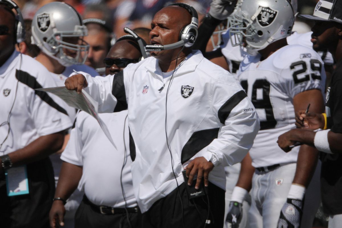ORCHARD PARK, NY - SEPTEMBER 18:: Head coach Hue Jackson of the Oakland Raiders during their NFL game against the Buffalo Bills at Ralph Wilson Stadium on September 18, 2011 in Orchard Park, New York. (Photo by Tom Szczerbowski/Getty Images)
