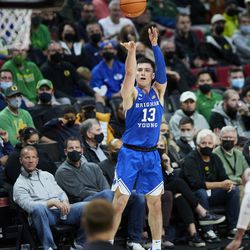 BYU guard Alex Barcello shoots against Oregon during the second half of an NCAA college basketball game in Portland, Ore., Tuesday, Nov. 16, 2021.
