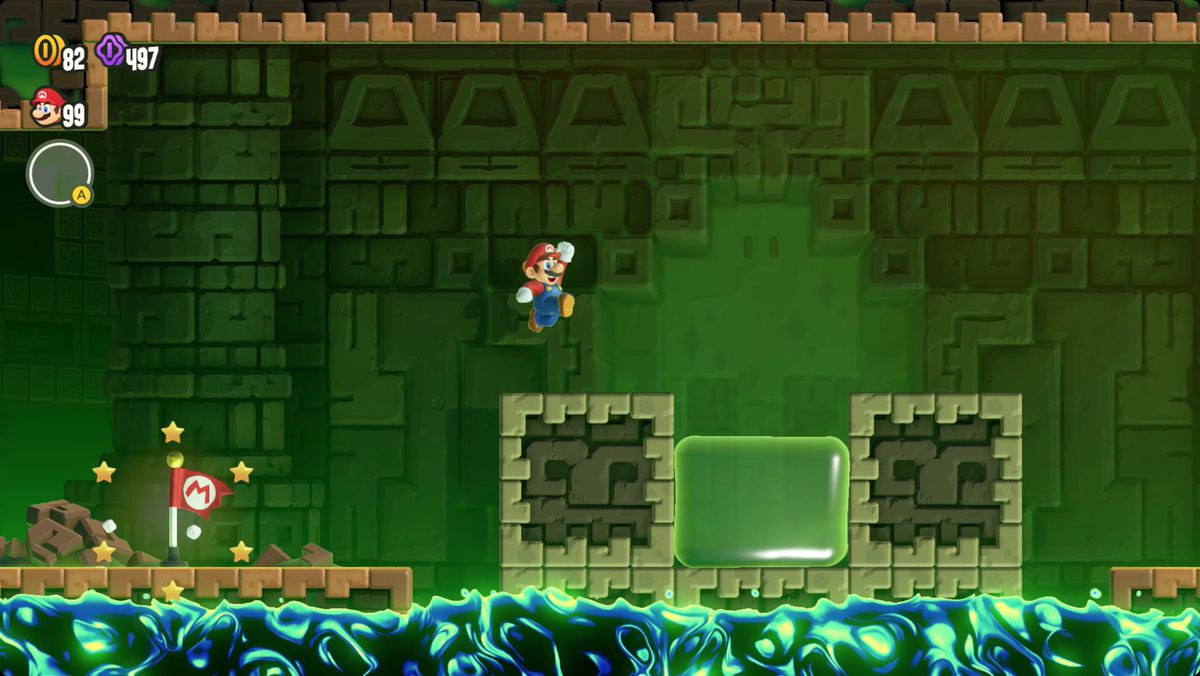 Super Mario Bros. Wonder A Final Uncharted Area: Poison Ruins screenshot showing the Wonder Flower location.