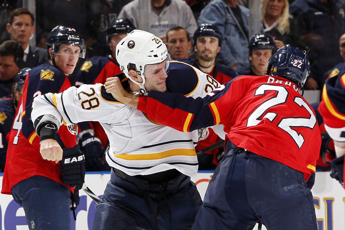 SUNRISE, FL - OCTOBER 20: Matt Bradley #22 of the Florida Panthers fights with Paul Gaustad #28 of the Buffalo Sabres on October 20, 2011 at the BankAtlantic Center in Sunrise, Florida. (Photo by Joel Auerbach/Getty Images)