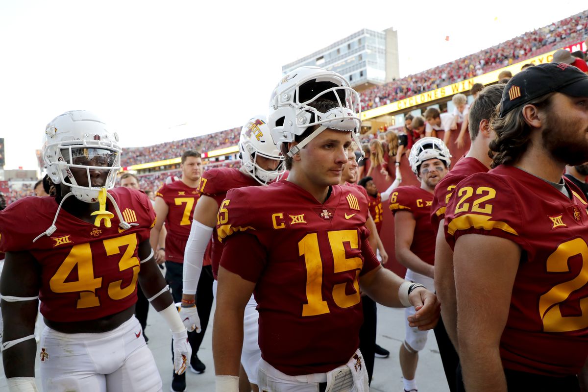 Quarterback Brock Purdy of the Iowa State Cyclones leaves the field with his teammates after he led the Iowa State Cyclones to a 16-10 win over the Northern Iowa Panthers at Jack Trice Stadium on September 4, 2021 in Ames, Iowa. The Iowa State Cyclones won 16-10 over the Northern Iowa Panthers.