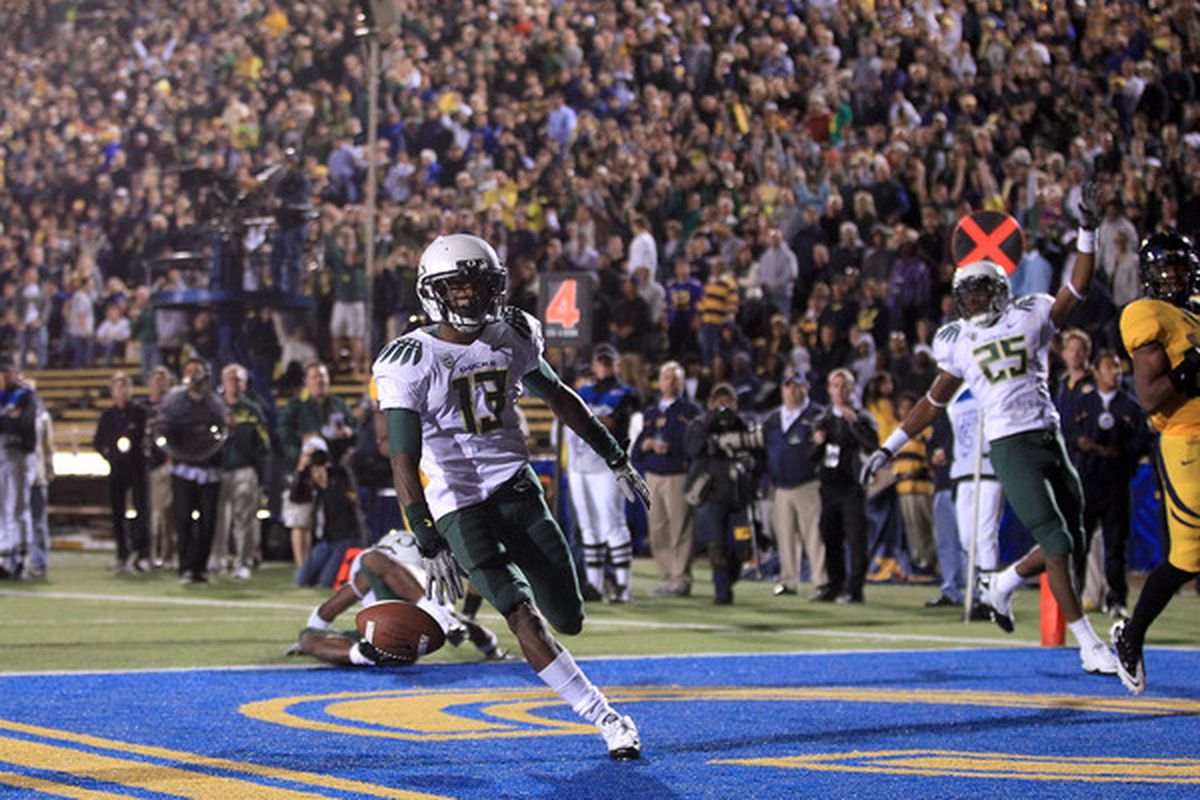 BERKELEY CA - NOVEMBER 13:  Cliff Harris #13 of the Oregon Ducks returns a punt for a touchdown against the California Golden Bears  at California Memorial Stadium on November 13 2010 in Berkeley California.  (Photo by Ezra Shaw/Getty Images)