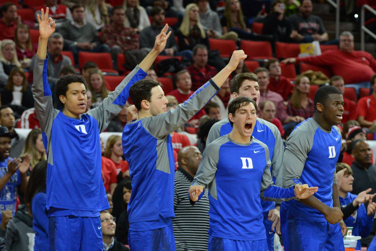Jan 23, 2016; Raleigh, NC, USA; The Duke Blue Devils bench reacts to a three pointer during the second half against the North Carolina State Wolfpack at PNC Arena. Duke won 88-78.