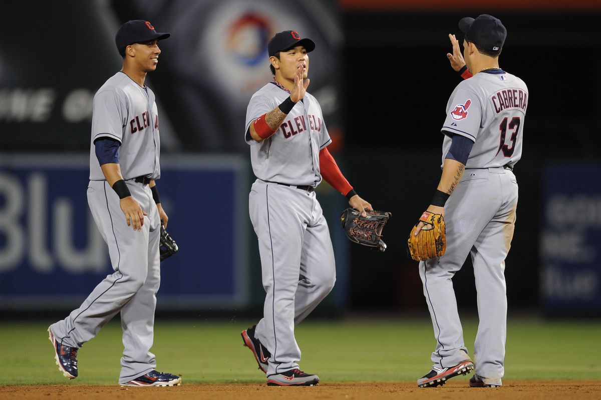Aug 13, 2012; Anaheim, CA, USA; The Cleveland Indians celebrate after the game against the Los Angeles Angels at the Angel Stadium of Anaheim. The Cleveland Indians defeated the Los Angeles Angels 6-2. Mandatory Credit: Kelvin Kuo-US PRESSWIRE