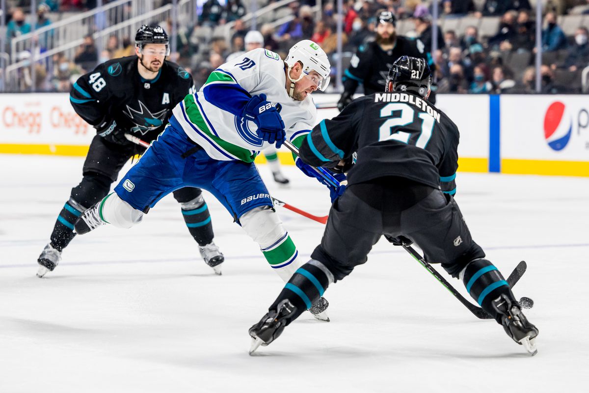 Vancouver Canucks Left Wing Tanner Pearson (70) shoots during the NHL pro hockey game between the Vancouver Canucks and San Jose Sharks on December 16, 2021 at the SAP Center in San Jose CA.&nbsp;