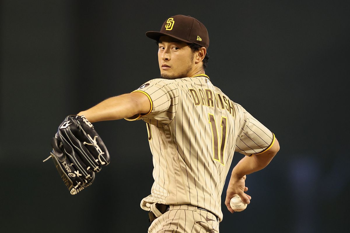 Starting pitcher Yu Darvish of the San Diego Padres throws a warm-up pitch during the first inning of the MLB game against the Arizona Diamondbacks at Chase Field on April 23, 2023 in Phoenix, Arizona.