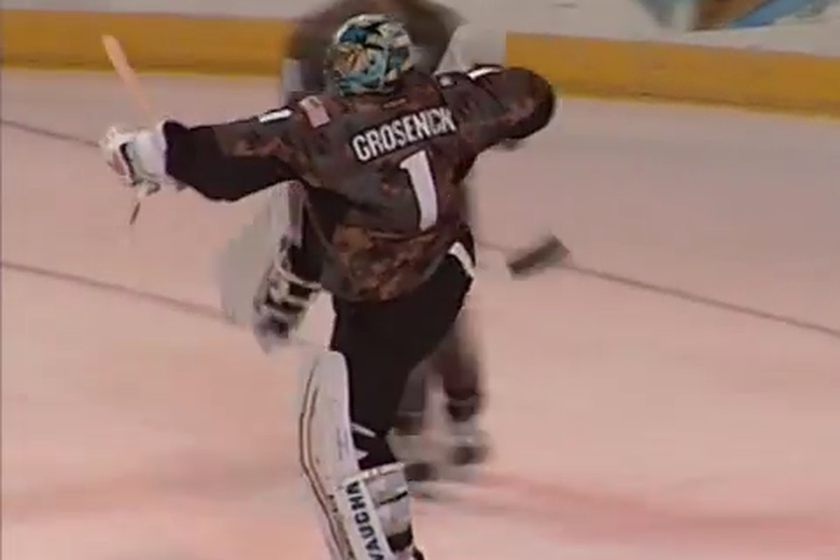 A screenshot of Worcester Sharks goaltender Troy Grosenick celebrating the Sharks' 4-3 win over the Norfolk Admirals Saturday night at the DCU Center.