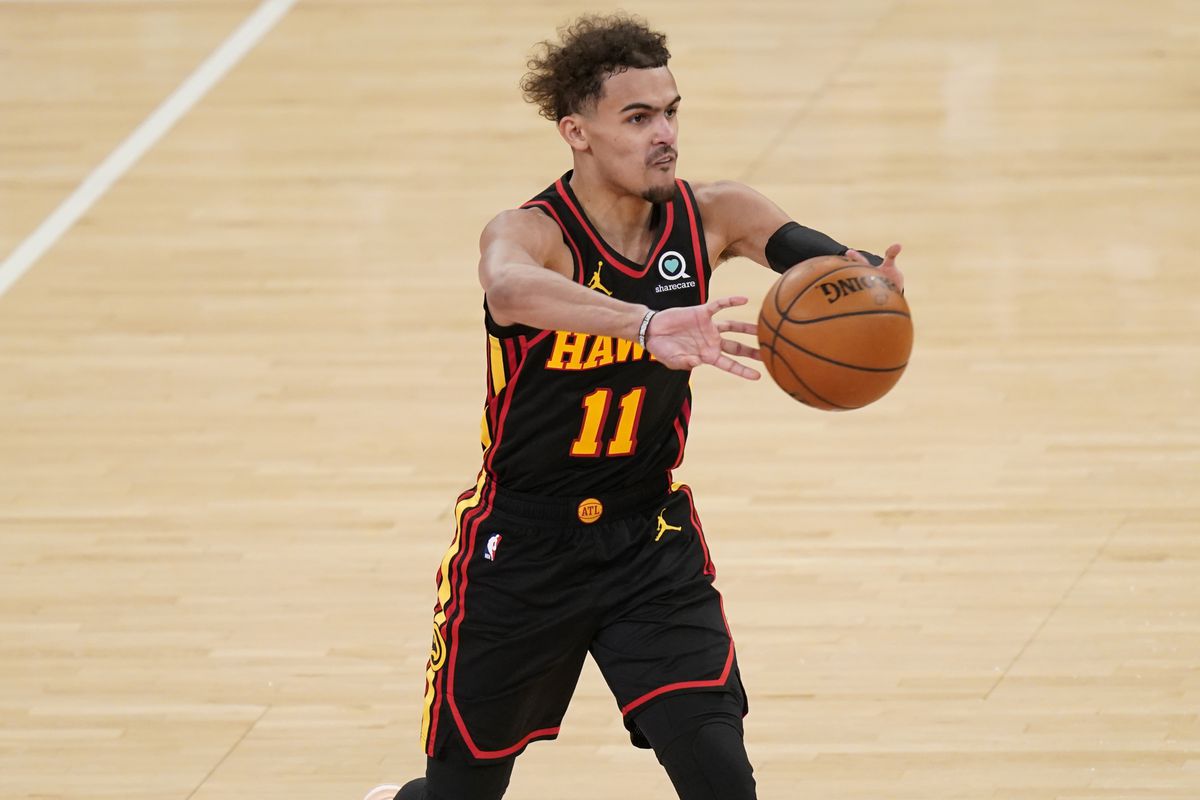 Atlanta Hawks’ Trae Young passes during the second half of Game 1 of an NBA basketball first-round playoff series against the New York Knicks on May 23, 2021 in New York City.
