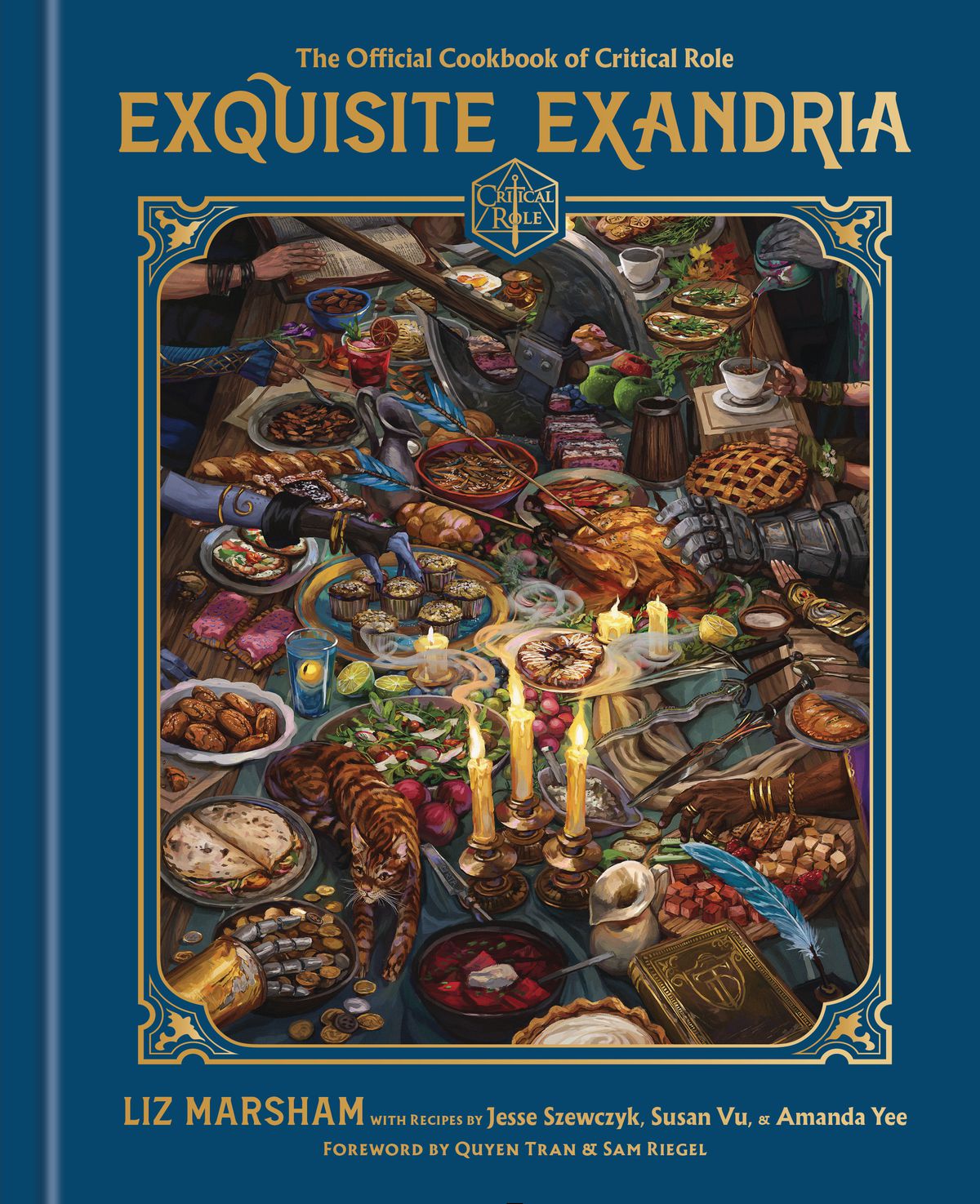 The cover of Exquisite Exandria shows the closeup of a feast table, covered with pies and meat dishes. Is that a quesadilla? Who let the cat in here!? No gauntlets at the table!