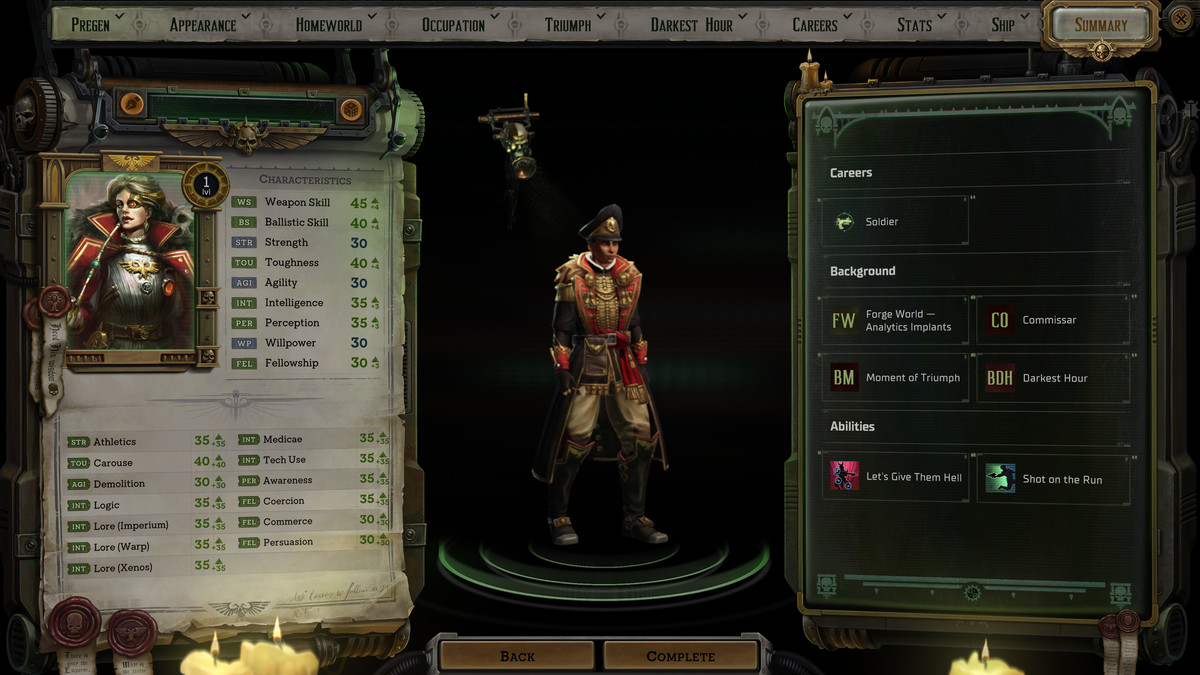 The character creation screen for Rogue Trader, showing an Imperial veteran suited up for their new mission.