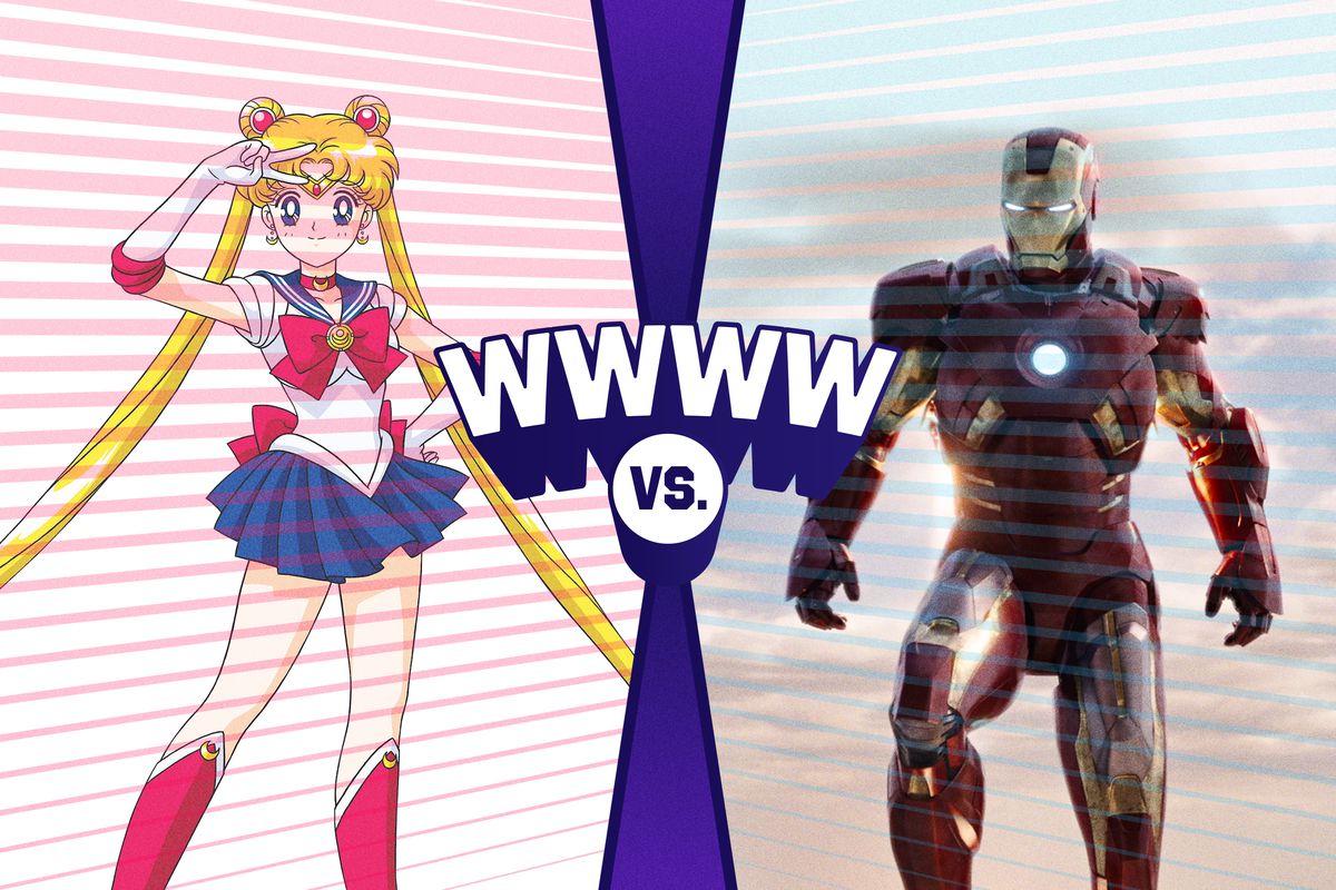 Graphic illustration with the letters WWWW vrs. in the center and images of Sailor Moon and Ironman left and right