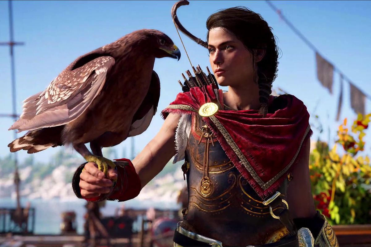 Kassandra, of Assassin’s Creed Odyssey, greets her eagle, who perches on a gauntlet on her right wrist.