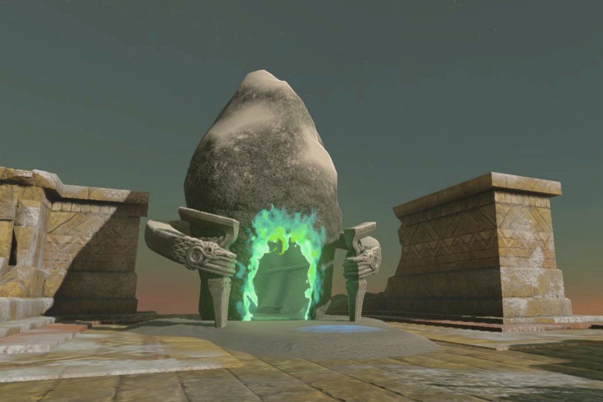 The Kahatanaum Shrine in Zelda: Tears of the Kingdom. The shrine looks like a giant rock with a portal that enters another room on it.