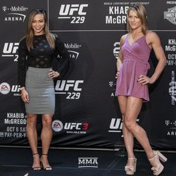 Michelle Waterson and Felice Herrig pose at UFC 229 media day.