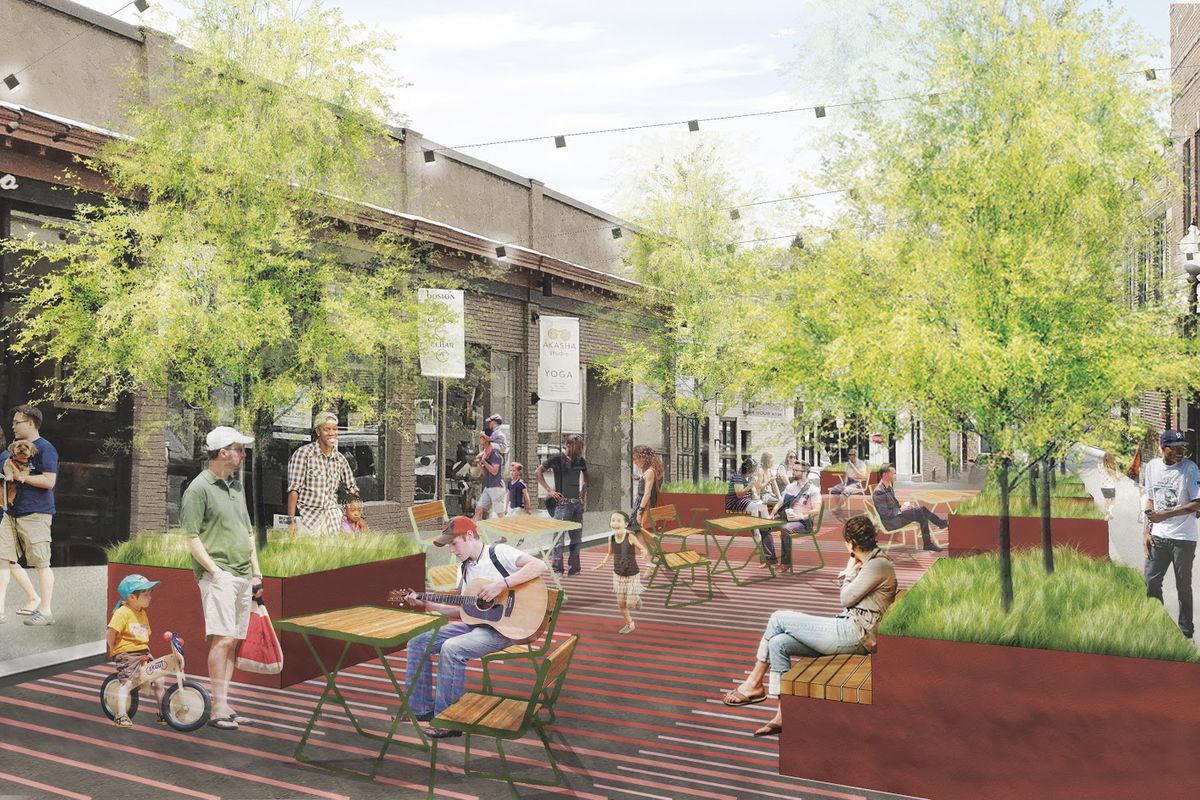 A rendering of a pedestrian plaza in Boston, with people milling about and sitting. 