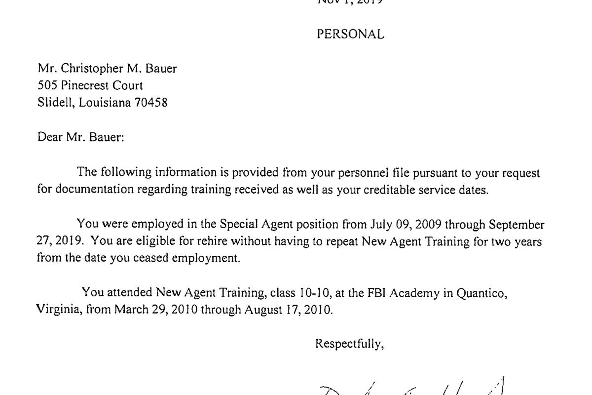 This image provided by the Alabama Peace Officers’ Standards and Training Commission shows a letter dated Nov. 1, 2019 which claimed to confirm Christopher Bauer’s decade of “creditable service” to the Federal Bureau of Investigation and deemed him “eligible for rehire.” A senior FBI official told The Associated Press on Wednesday, May 5, 2021, that the letter “is not legitimate.”