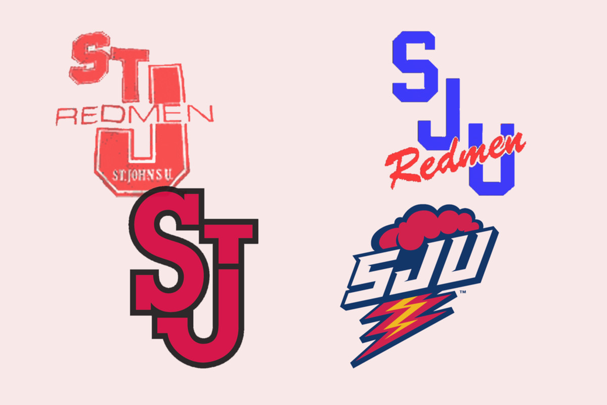 Some of St. John's logos/ abbreviations from the mid-1960s through now, clockwise from the top left.