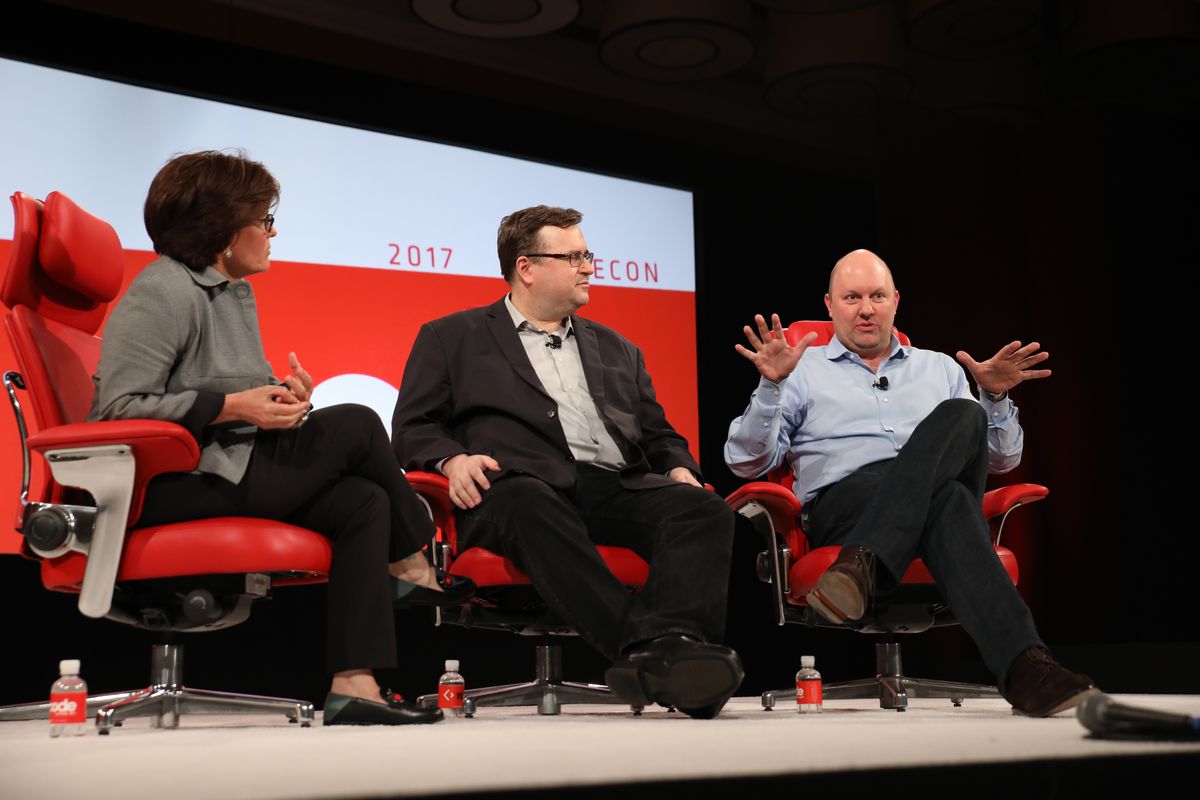 Kara Swisher, Reid Hoffman and Marc Andreessen sit onstage at the 2017 Code conference.