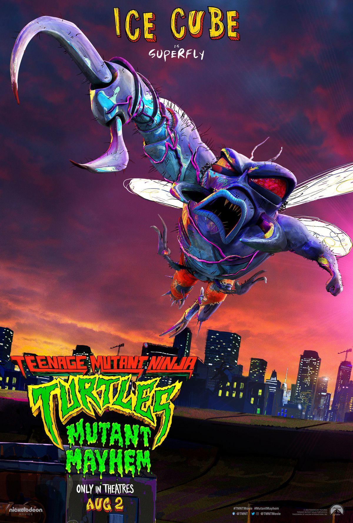 A character poster for Superfly, a gross anthropomorphic fly man, voiced by Ice Cube, in Teenage Mutant Ninja Turtles: Mutant Mayhem. 