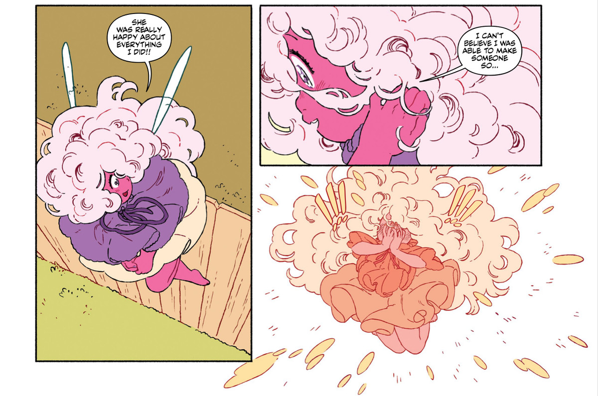 “She was really happy about everything I did!” gasps the Sprite, “I can’t believe I was able to make someone so...” and then explodes in happy and overwhelmed sparkles in The Sprite and the Gardener, Oni Press. 