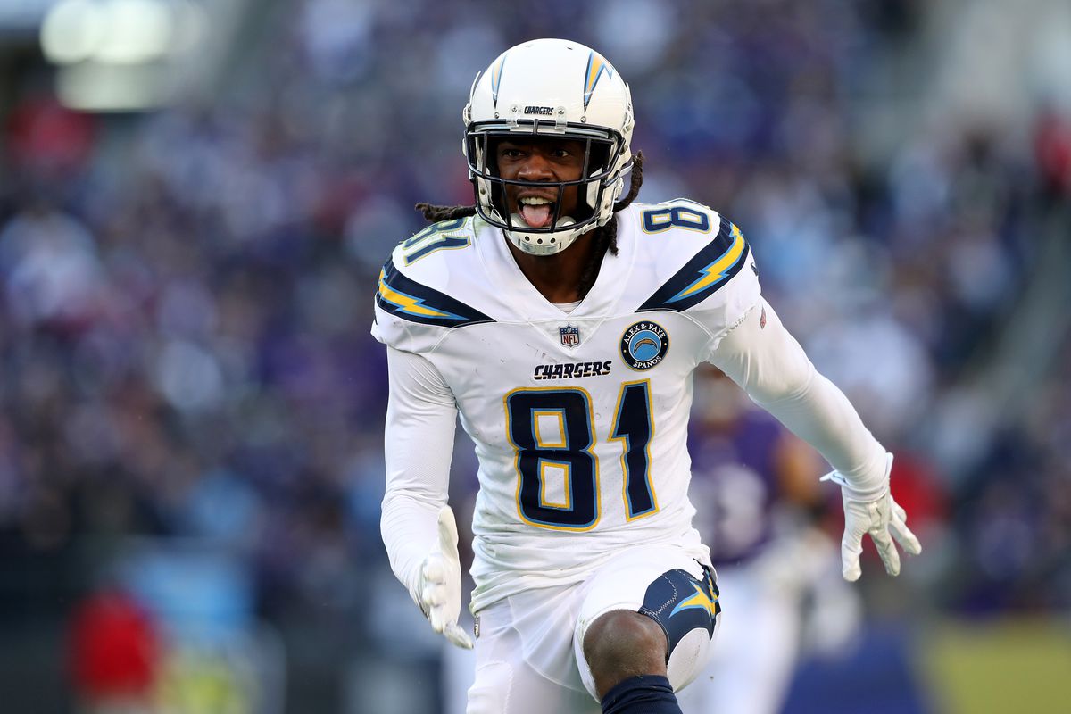 Mike Williams of the Los Angeles Chargers celebrates a catch against the Baltimore Ravens during the second half in the AFC Wild Card Playoff game at M&amp;T Bank Stadium on January 06, 2019 in Baltimore, Maryland.