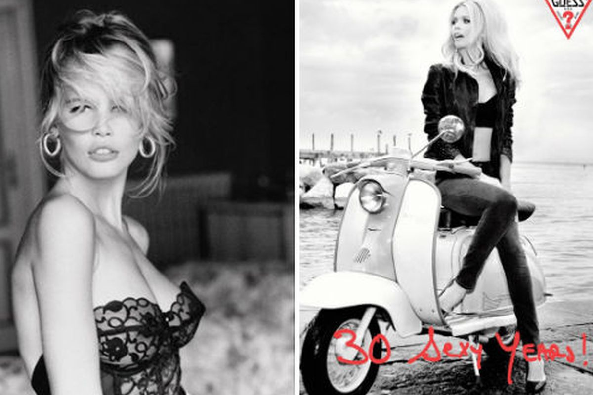 Claudia Schiffer famous 1989 ad for Guess? at left, and her 2012 ad for the brand's 30th anniversary at right