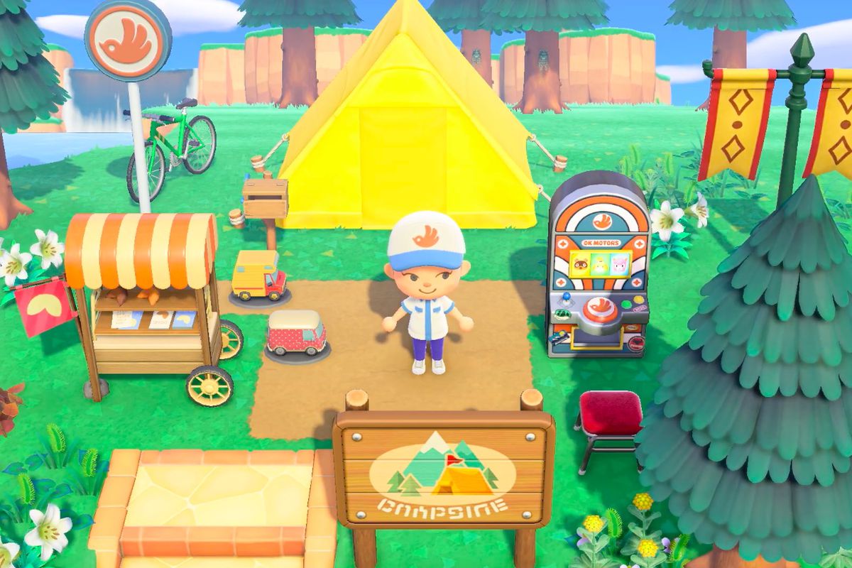 A villager stands in a campsite surrounded by OK Motors-themed items in a screenshot from Animal Crossing: New Horizons