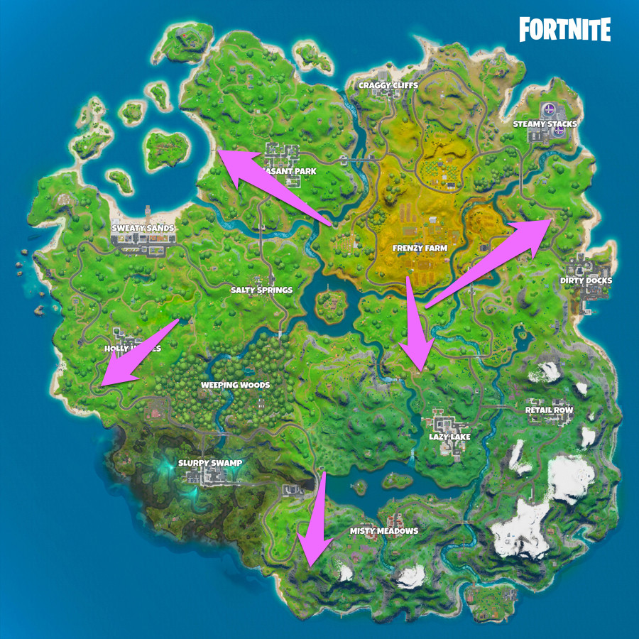 A Fortnite map with the locations of all the EGO outposts marked