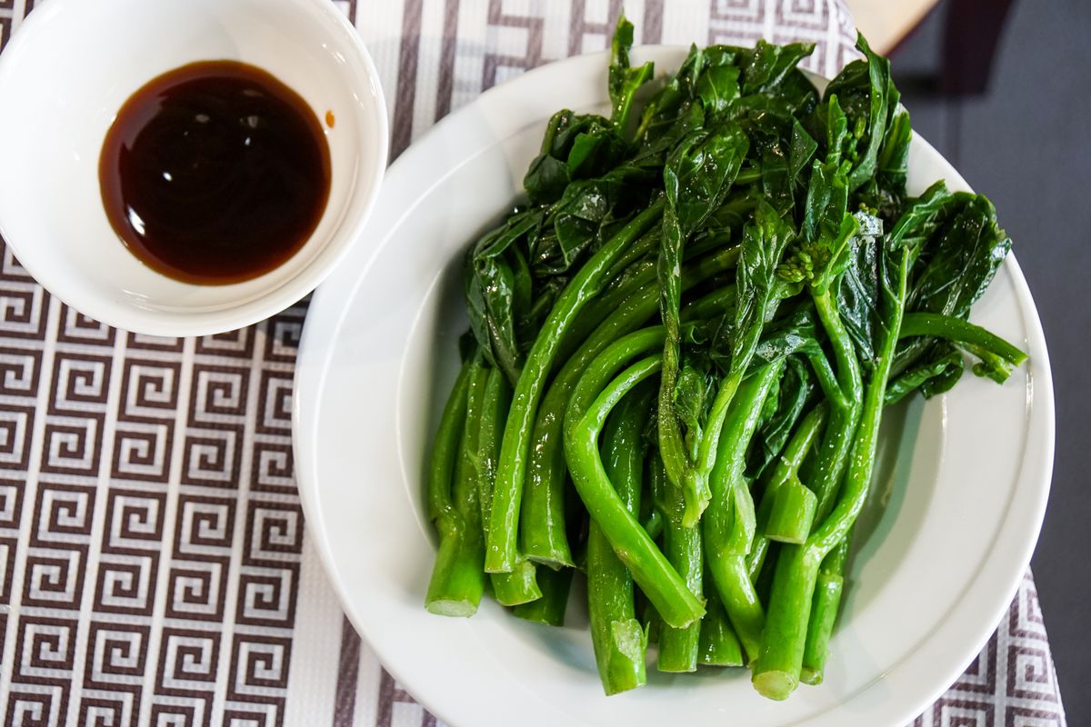 Steamed Chinese broccoli with oyster sauce.
