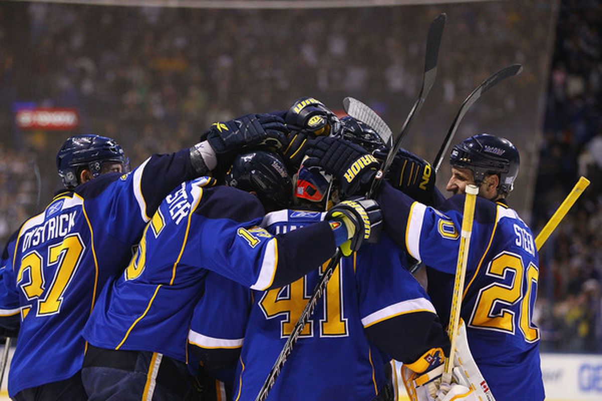 The St. Louis Blues have been doing a lot of this.  (Photo by Dilip Vishwanat/Getty Images)