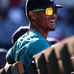 ANAHEIM, CALIFORNIA - SEPTEMBER 19: Julio Rodriguez #44 of the Seattle Mariners looks on during the ninth inning against the Los Angeles Angels at Angel Stadium of Anaheim on September 19, 2022 in Anaheim, California