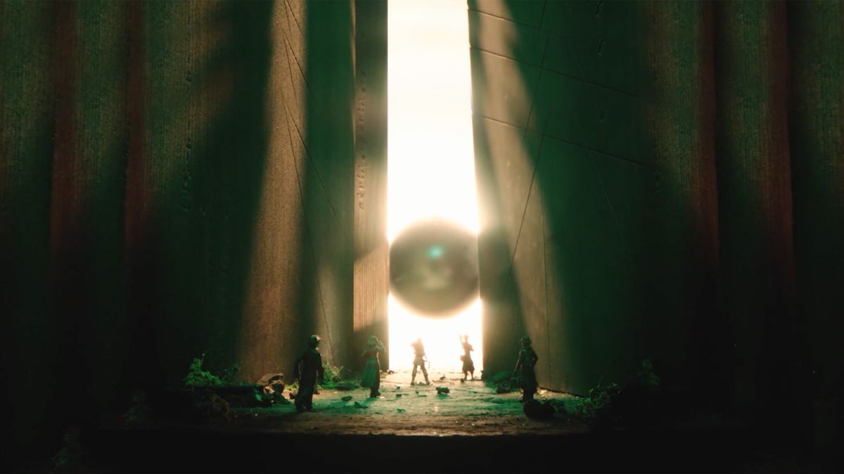 Miniatures of the four main characters approach a crevasse, or a curtain, in the intro into to Candela Obscura.