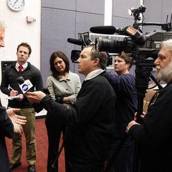 Rocky Anderson talks with the press following his acceptance speech as the Justice Party nomination for president of the United States in Salt Lake City, Friday, Jan. 13, 2012.